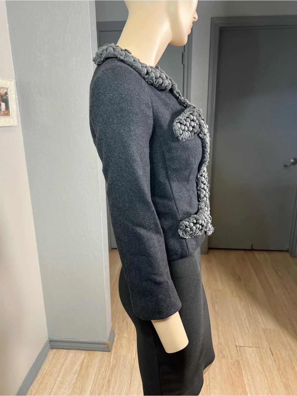 J Crew Wool Blend Denim Blue Cropped Jacket with Braided Trim